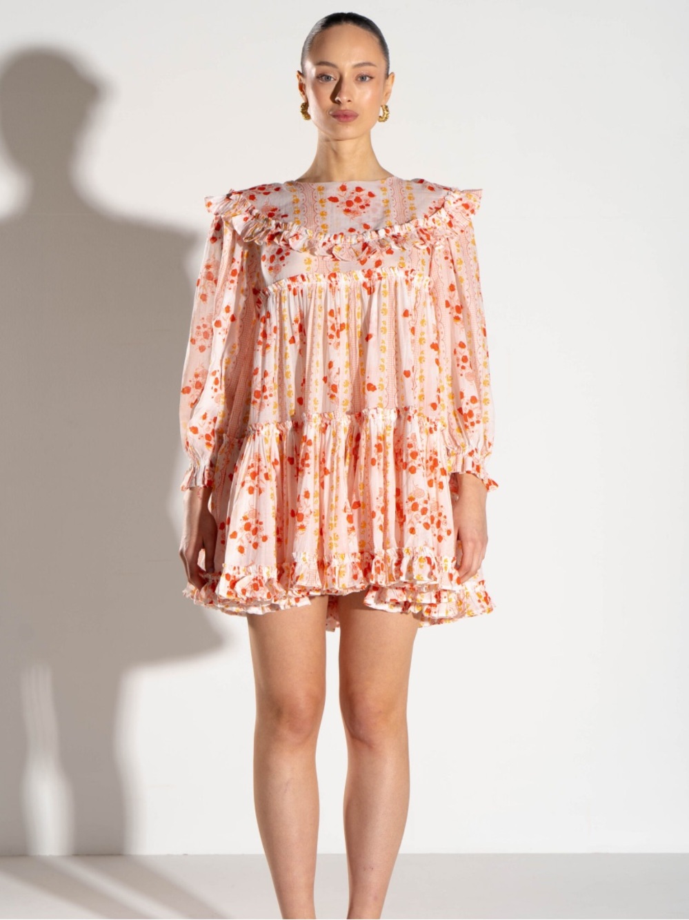 Innika Choo Floral Ruffle Tiered Mini Dress - Pink & Orange